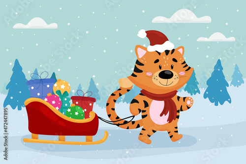 Fototapeta Naklejka Na Ścianę i Meble -  Vector illustration of a cute tiger in a santa hat carrying christmas gifts on a sleigh