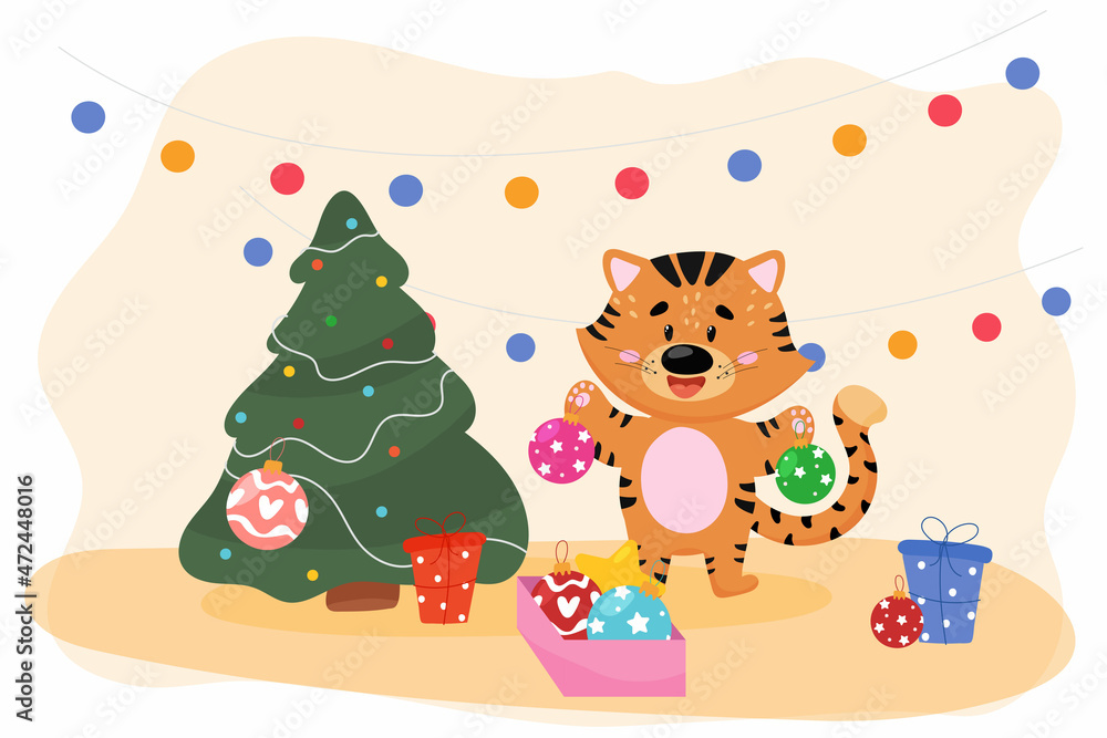 A cartoon tiger cub decorates a Christmas tree with toys for New Year and Christmas. A cartoon tiger cub decorates a Christmas tree with toys for New Year and Christmas.