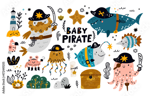 Baby pirate vector set with cute cartoon shark, octopus, crab,  and jellyfish. Sea animals pirates with swords, map and treasure chest. Ideal for kids room decoration, cloth prints