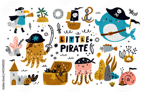 Cute pirate collection for kids. Baby sea pirate vector set. Childish ocean animals in cartoon style. Hand drawn illustration for girl or boy. Ideal for kids room decoration, newborn clothing, print