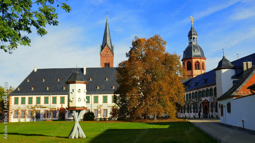 schöne Basilika und Kloster in Seligenstadt mit weißem Taubenhaus auf grüner Wiese unter blauem Himmel