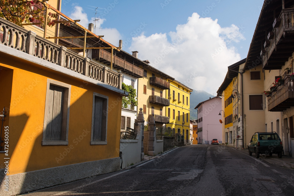 The main road which runs through the small town of Ampezzo in Udine Province, Friuli-Venezia Giulia, north east Italy
