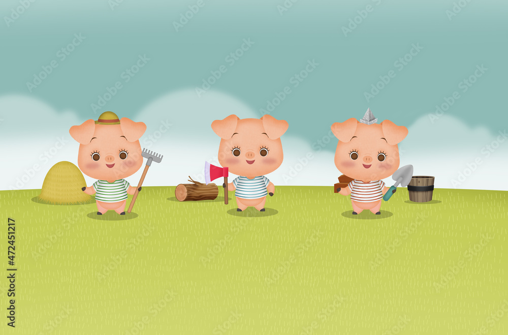 3 chanchitos, tres chanchitos, chanchitos, chancho, cerditos, los 3 cerditos,  cuento, cuento infantil, animales, cerdo, Stock Illustration