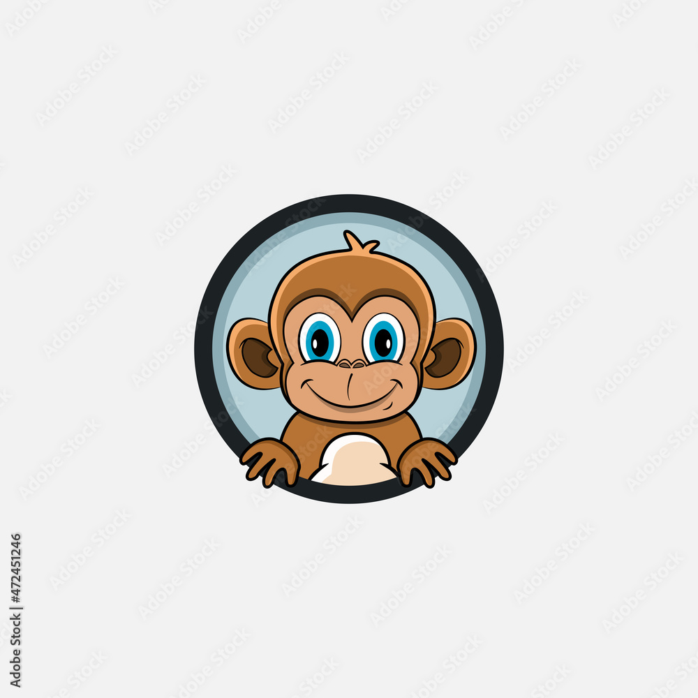 Funny Monkey Head Character Design. Perfect For Logo, Label, Template and Icon.