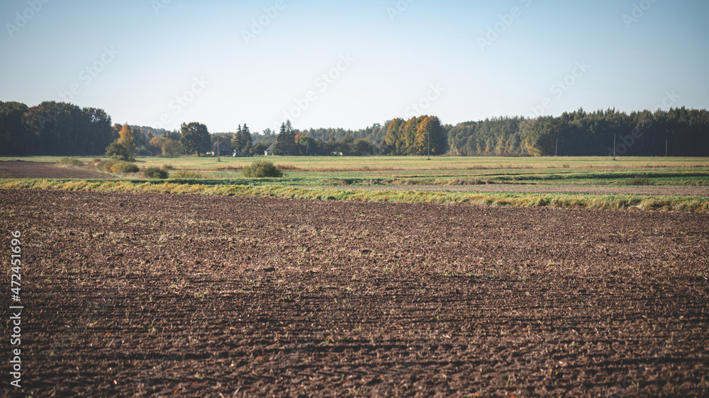 plowed agricultural field forest and green meadow in distance plowed agricultural field forest and green meadow in distance