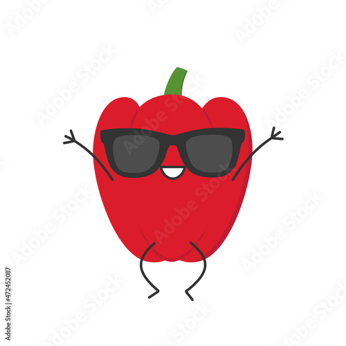 Red bell pepper jumping cute character cartoon smiling face happy joy emotions icon logo paprika vegetable vector illustration.