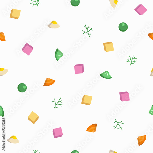 Olivier salad seamless pattern.Traditional russian appetizer for celebrating new year and christmas.Winter salad background.Vector illustration. Ingredients for Olivier's recipe.Оливье
