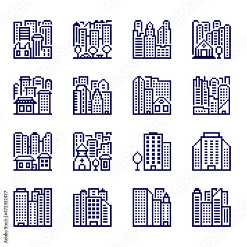 Vector buildings set icons in pixel style.