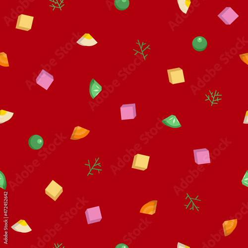 Olivier salad seamless pattern.Traditional russian appetizer for celebrating new year eve and christmas. Winter salad background.Vector illustration.Ingredients for Olivier's recipe.Оливье