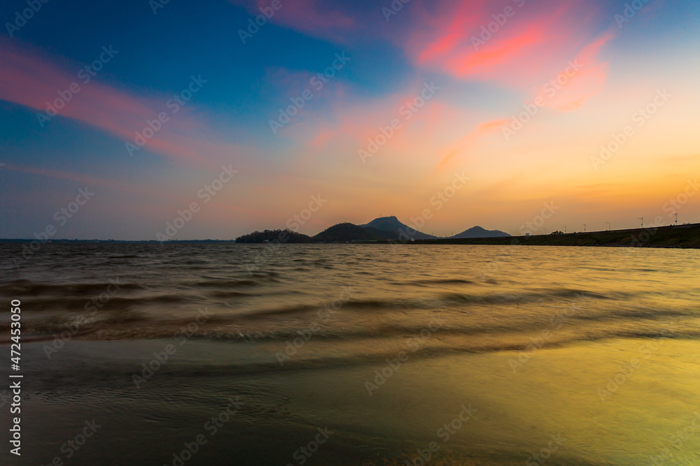 sea and mountains in the morning,Tropical paradise Beach in the evening at Koh Mak Island, Trat Thai