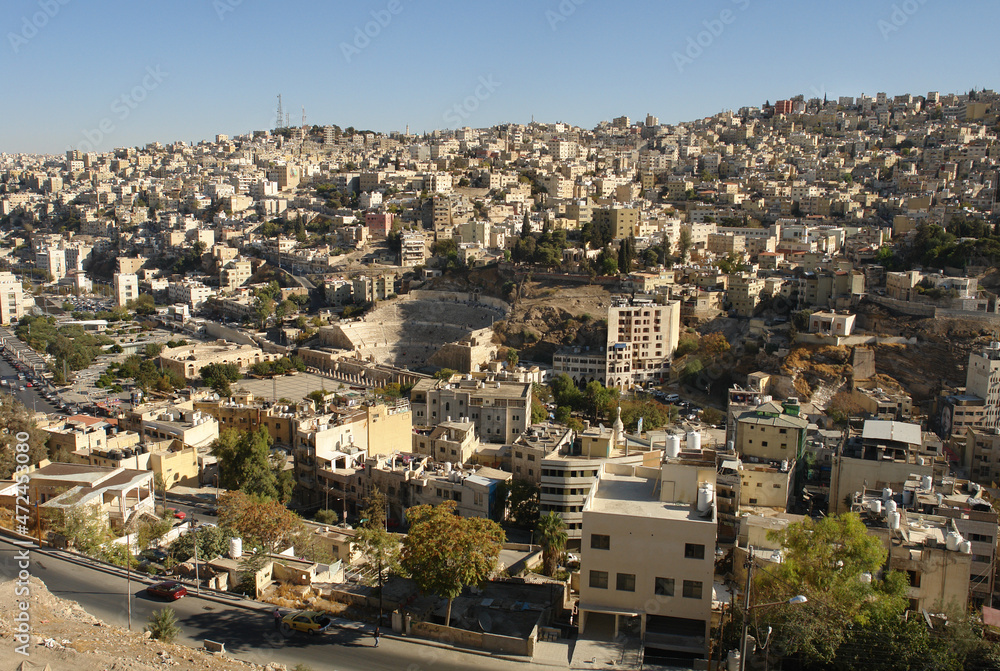 Panorama of Amman, Jordan's capital with roman theatre