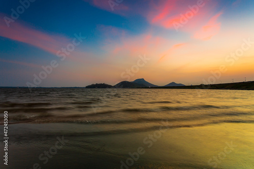 sea and mountains in the morning,Tropical paradise Beach in the evening at Koh Mak Island, Trat Thai