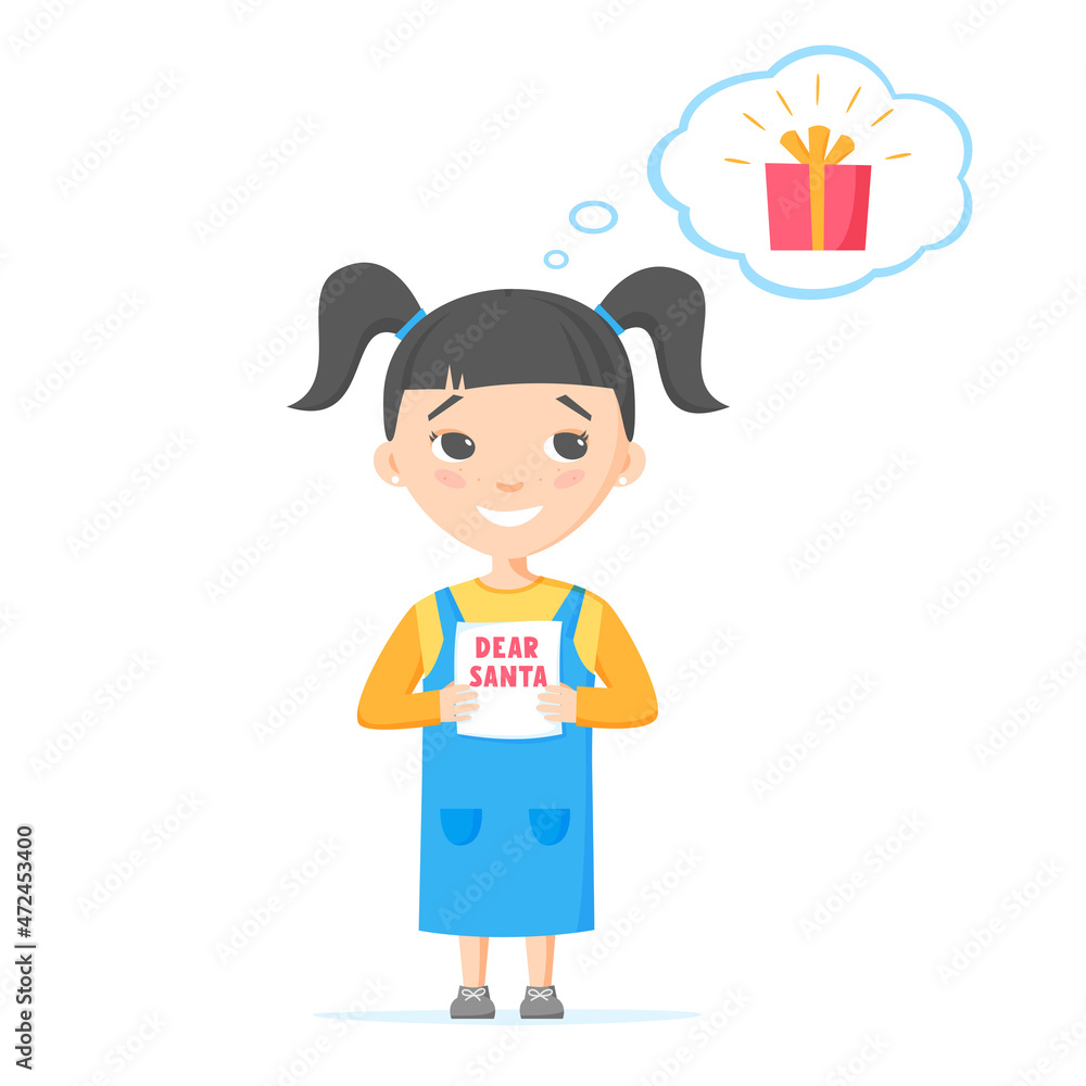 Girl wishing and dreaming about gift on Christmas. Kid writing letter to Santa Claus and asking for present. Child waiting for winter holidays. Christmas gifts. Flat design, vector illustration Girl wishing and dreaming about gift on Christmas. Kid writing letter to Santa Claus and asking for present. Child waiting for winter holidays. Christmas gifts. Flat design, vector illustration