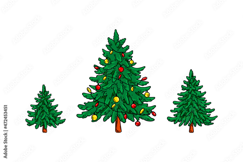 Set of hand drawn Christmas trees. Vector illustratio