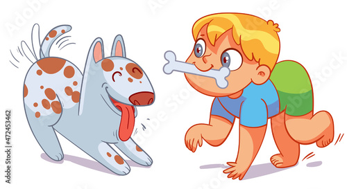Boy holding bone like a dog. Child playing with his puppy. Colorful cartoon characters. Funny vector illustration. Isolated on white background