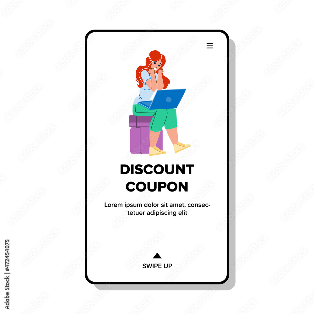 Discount Coupon Using Young Woman Shopper Vector. Happy Girl Getting
