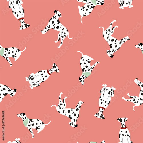 Seamless pattern of cute white spotted Dalmatian dogs on a pink background. Vector fabric design. Vector illustration of a dog in different poses flat