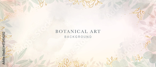 Abstract background watercolor green botanical and gold glitter