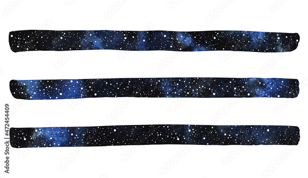 Cosmic, cosmos watercolor long stripes set. Dark blue watercolour galaxy, night sky with stars hand drawn illustrations. Elongated streaks, banner shapes, text frames, starry borders, thin backgrounds Cosmic, cosmos watercolor long stripes set. Dark blue watercolour galaxy, night sky with stars hand drawn illustrations. Elongated streaks, banner shapes, text frames, starry borders, thin backgrounds