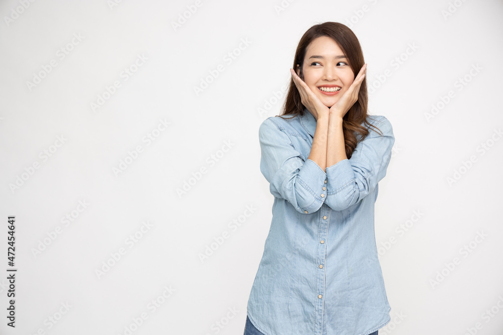 Happy asian woman feeling happiness and feeling excited isolated on white background Happy asian woman feeling happiness and feeling excited isolated on white background