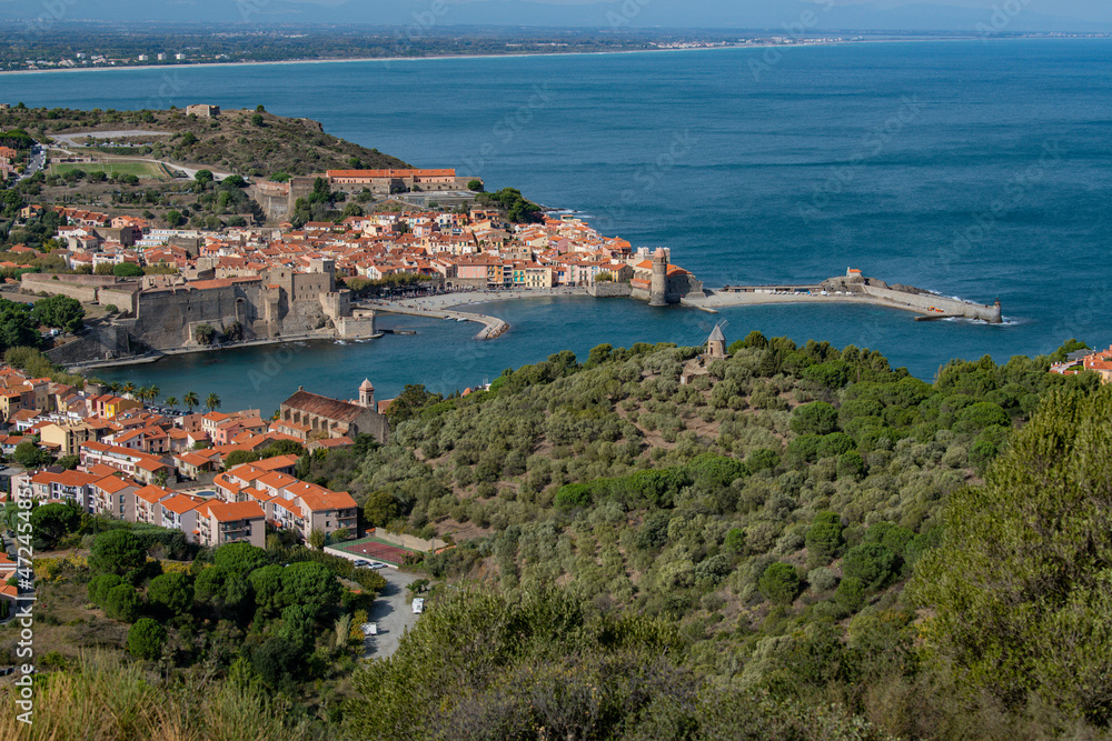 The amazing aerial view over Collioure from Fort Saint Elme surrounded by vineyards, Vermeille coast, France