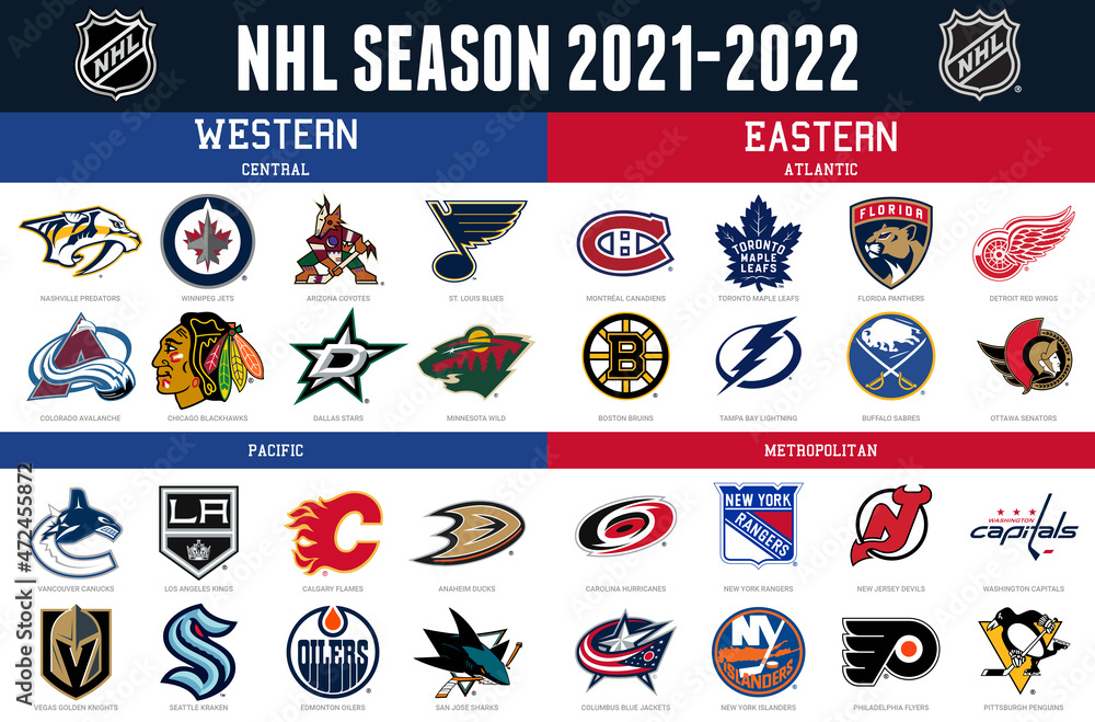 Logo of all 2021-2022 Season national hockey league teams. NHL team icons.  Set all the new hockey teams logos. Vector eps illustration Stock Vector