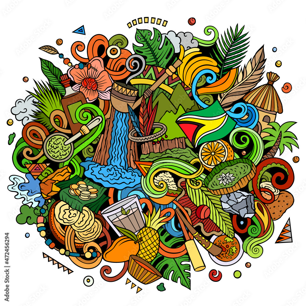 Fototapeta premium Guyana hand drawn cartoon doodles illustration.