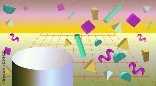 1980 memphis milano 3d shapes against the perspective grid. 