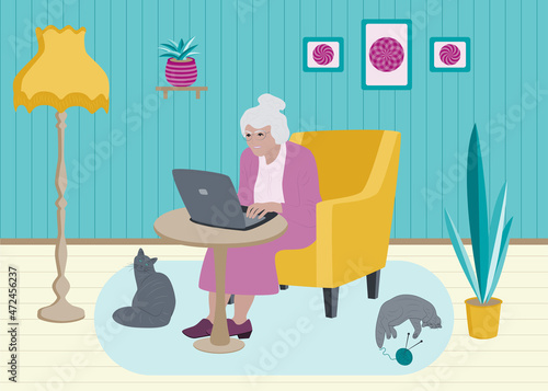 Elderly woman, grandmother with computer, laptop and cats sitting in chair at home. Vector illustration