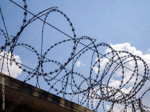 Bottom view of the sharp barbed wire on a blue sky background.
