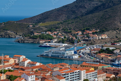 Aerial view of Port Vendres town with its church and trawler at dock, Mediterranean sea, Roussillon, Pyrenees Orientales, Vermilion coast, France