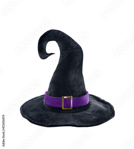 Black halloween witch hat isolated on white background with clipping path