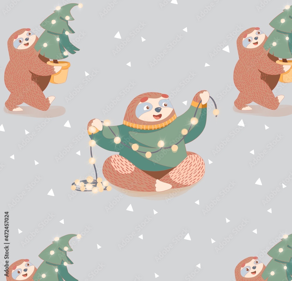 Naklejka premium seamless pattern with cute cartoon sloth in christmas sweater with christmas tree pattern and christmas garland with lights. wrapping paper pattern