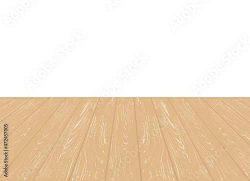 Brown wooden floor in perspective. Vector realistic empty room or table background. Interior template with empty space. Plank texture on a white. EPS10.