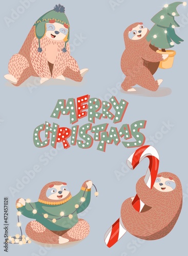 Set of Christmas illustrations with sloth. Merry Christmas lettering. Children s illustrations. Christmas card design 