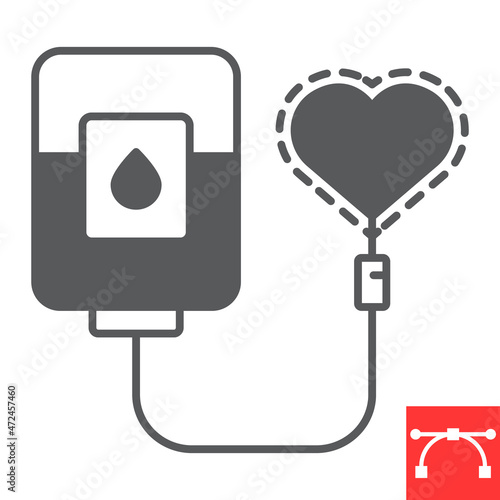 Blood donation glyph icon, donorship and transfusion, blood bag vector icon, vector graphics, editable stroke solid sign, eps 10.