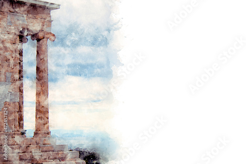 Temple of Nicky Ateros against the background of a cloudy sky in Athens Acropolis