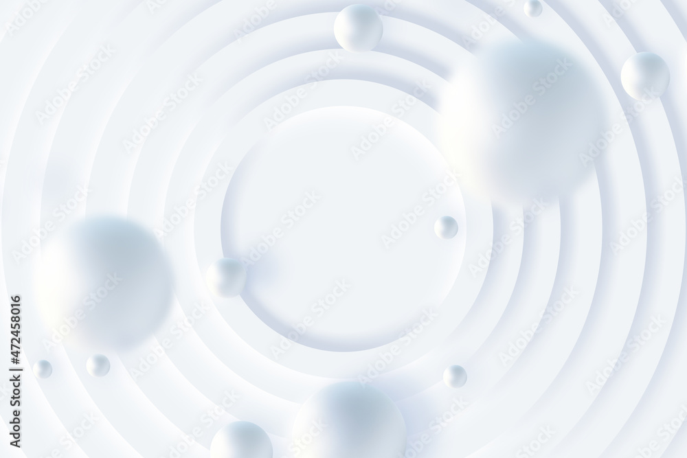Obraz premium Top view of simple empty white circle podium stage background. Futuristic technology design. Abstract parametric interior. Blank opened 3D illustration mock-up. White building pale geometric pattern.