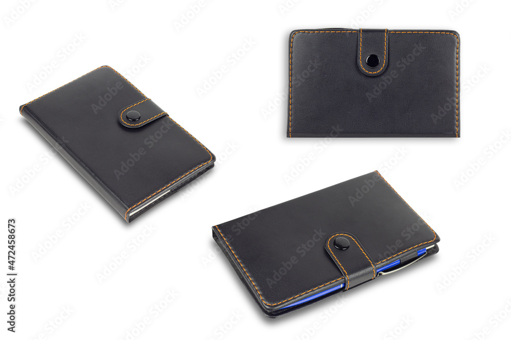 set, black notebook, black notepad with clasp isolated on white background set, black notebook, black notepad with clasp isolated on white background