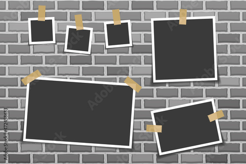 Empty photo picture frame memory album tapes card raw brick wall vector illustration