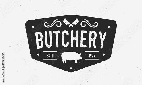 Butchery logo. Vintage Meat shop logo with meat chops and pig silhouette. Logo or poster for meat shop, butchery, grocery store, meat packaging. Vector illustration