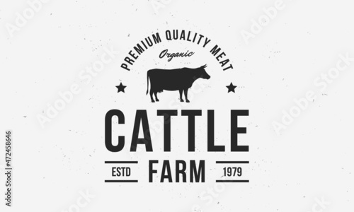 Cattle farm logo template with cow silhouette. Vintage cattle farm emblem, poster. Vector illustration