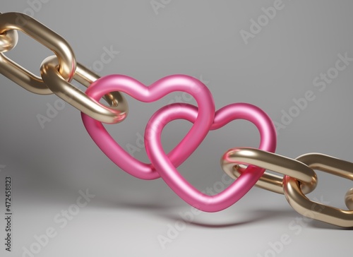 Gold chain with heart shaped links. 3d render
