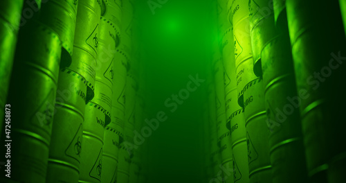 radioactive waste in barrels, nuclear waste repository, 3d render