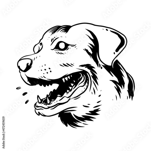 a barking dog face. a hand drawn illustration of a wild animal head. line art drawing for emblem, poster, sticker, tattoo, etc.