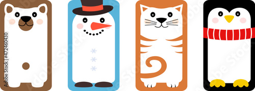 Animal square face icon, cartoon vector characters, cute snowman, cat, penguin, bear. Childish illustration