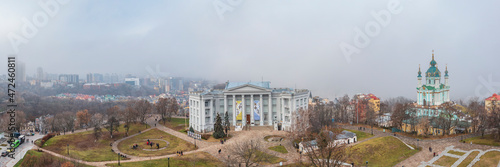 Aerial view on a foggy day at St. Andrew's Church, Kiev, Ukraine