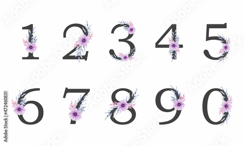 Beautiful Hand-drawn Floral number set design with watercolor purple rose bouquet wreath and leaves painting