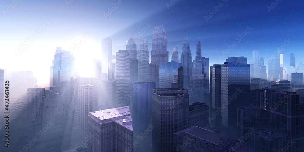 Beautiful sunrise over the city, beautiful city in the rays of the rising sun, skyscrapers in the rays of light, 3D rendering Beautiful sunrise over the city, beautiful city in the rays of the rising sun, skyscrapers in the rays of light, 3D rendering