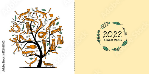 Tigers Tree, animal characters. Symbol of 2022 New Year. Design Template for ...